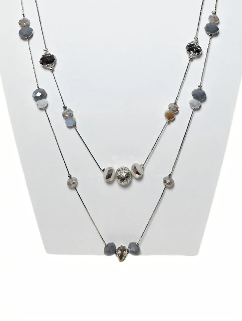 Multi-Tone Faceted Gray & Iridescent & Silver Bead Two Strand Long Necklace